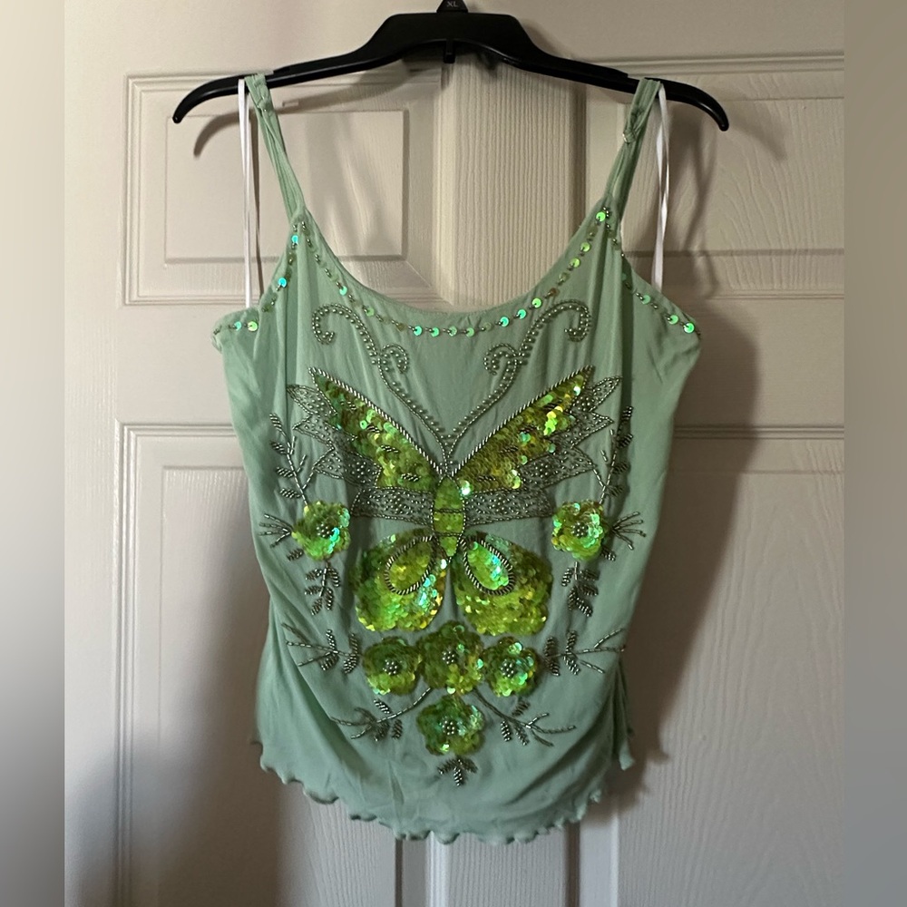 Princess Polly Light Green Sequin Butterfly Tank Top